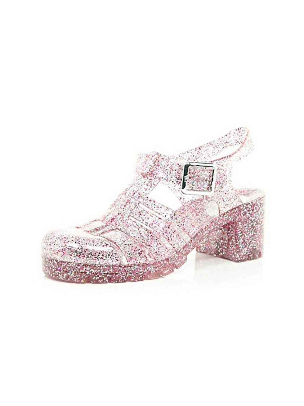 <p>Relive your childhood in these great jellys, £18 at <a href="http://www.riverisland.com/women/shoes--boots/heels/Pink-glitter-block-heel-jelly-shoes-650905">River Island</a>.</p>