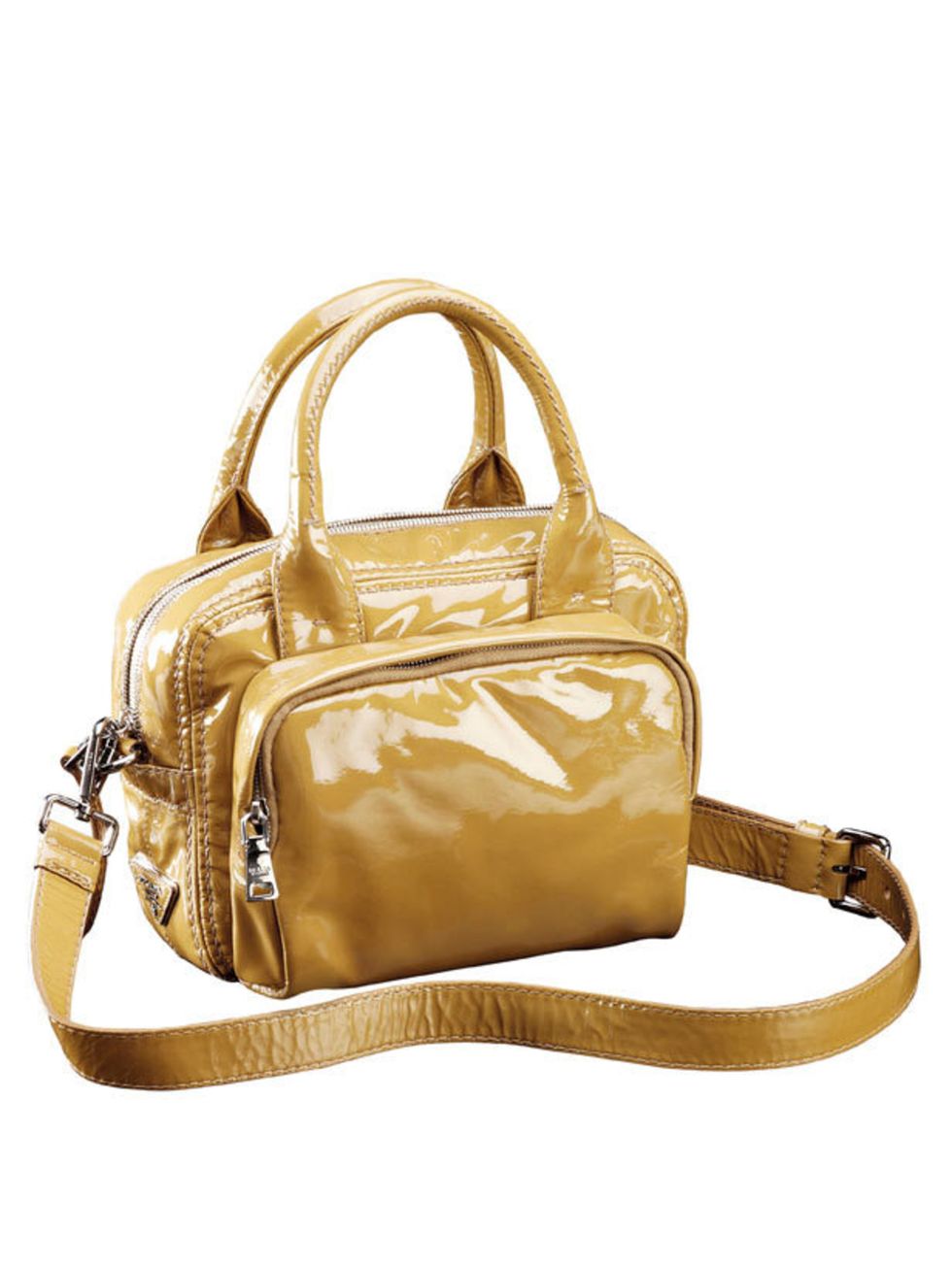 <p><a href="http://www.prada.com/en/UK/e-store/">Prada</a> patent leather top handle bag, £810</p>