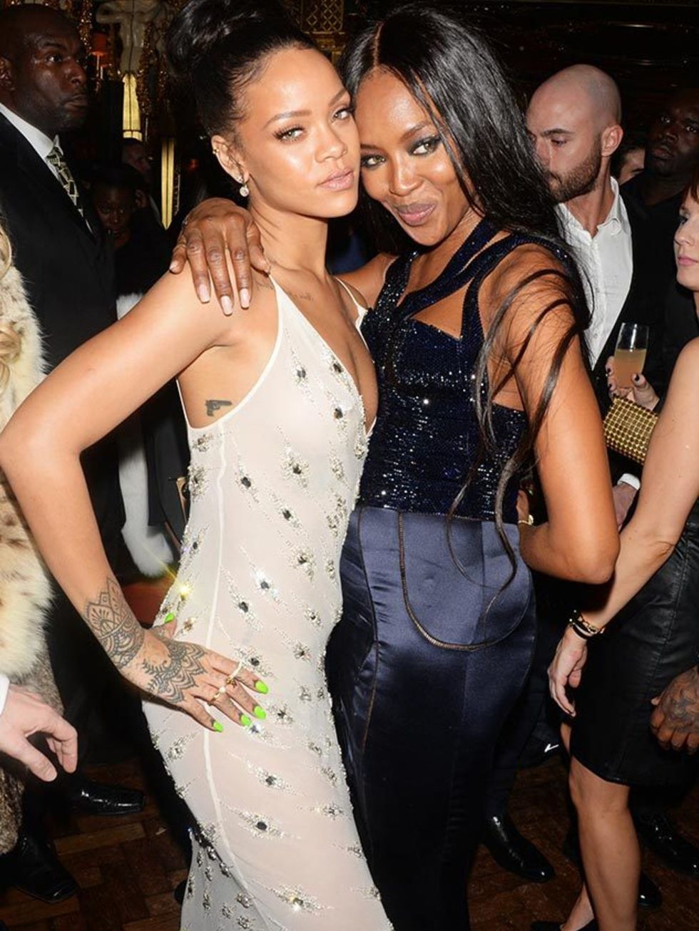 <p>Rihanna - in Jenny Packham - and Naomi Campbell at the Edward Enninful Celebrations British Fashion Awards after-party in London, December 2014.</p>