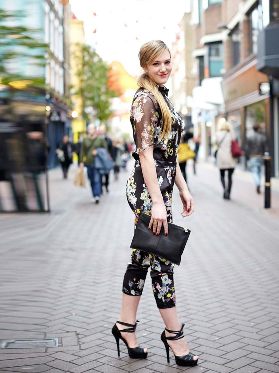 <p>Miette wears Erdem jumpsuit £1,120 from <a href="http://www.matchesfashion.com/product/178567">Matchesfashion.com</a>, Fendi shoes, Asos clutch, H&amp;M ring </p>
