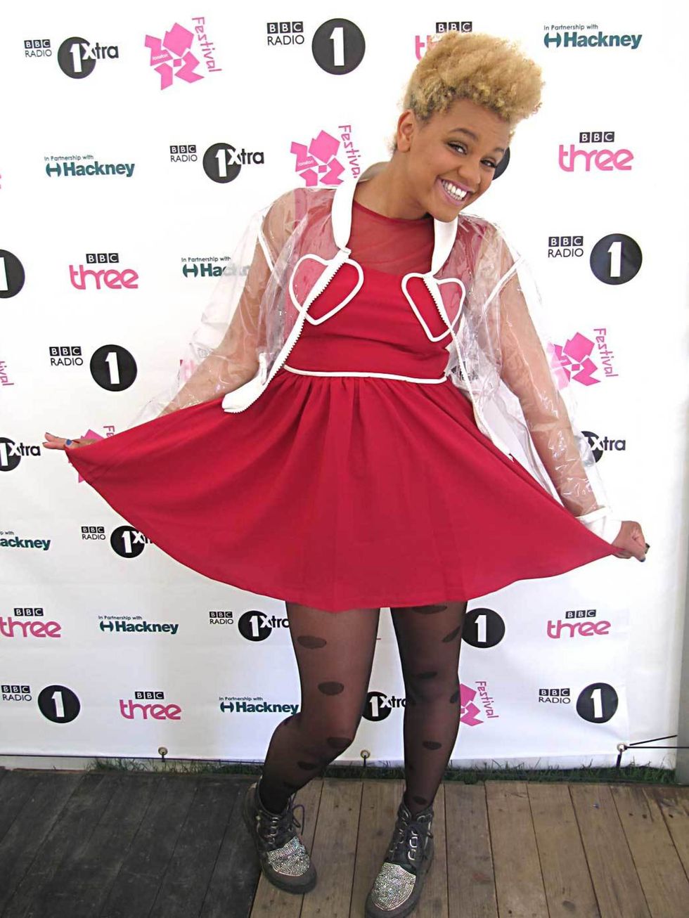 <p>Gemma Cairney at Radio 1 Hackney Weekend, wearing a Two Weeks by Bitching and Junkfood bomber, Topshop dress, Pamela Mann tights, Terry de Havilland boots and a Galibardy ring</p>