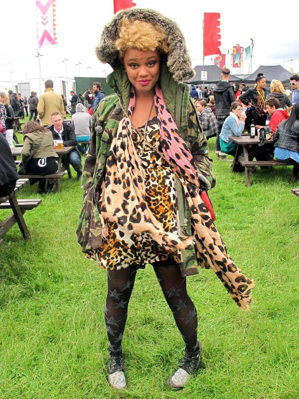 <p>Gemma Cairney, Radio 1 Hackney Weekend, Saturday 23rd June. Rokit parka, Topshop dress, Rokit lace slip (worn underneath dress), Miss Selfridge scarf, Mawi necklace, Henry Holland for Pretty Polly tights and Terry De Havilland boots</p>