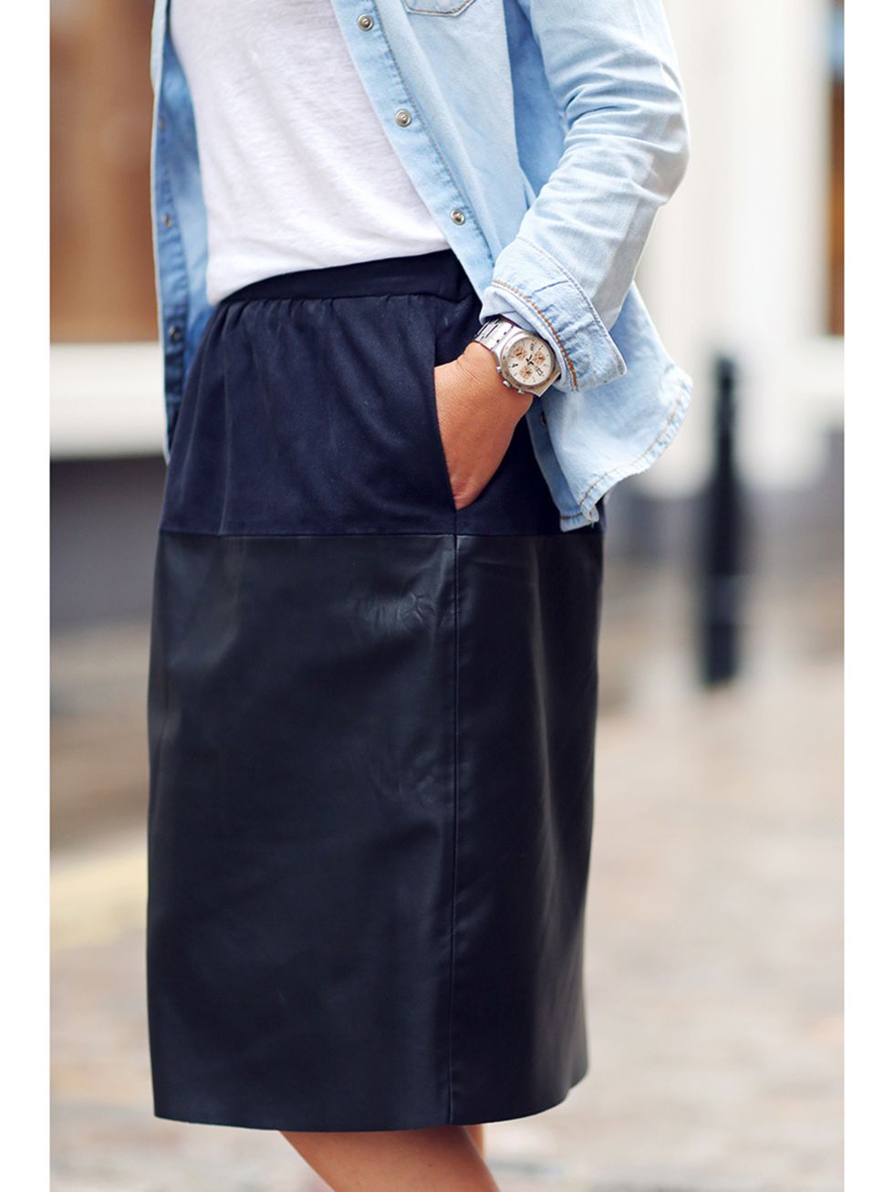 Kirsty Dale, Executive Fashion Director
Topshop shirt, Massimo Dutti top, Zara skirt, Whistles trainers, Swatch watch.