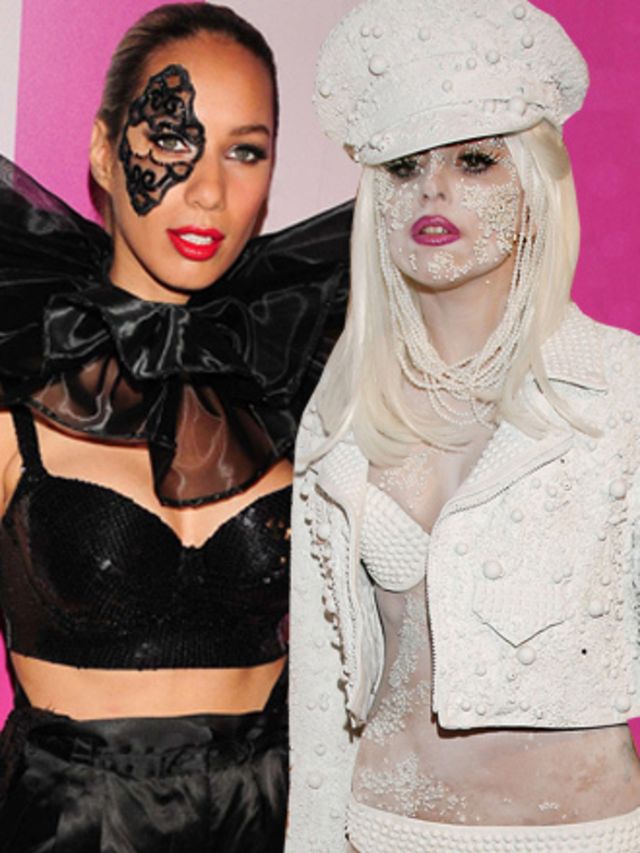 <p>Not normally known to push the boundaries of fashion, Leona arrived at uber-blogger Perez Hilton's birthday party looking remarkably similar to Mme Gaga. Wearing a ruff collar, beaded eye mask and sequin bustier, only the tea cup and saucer was missing