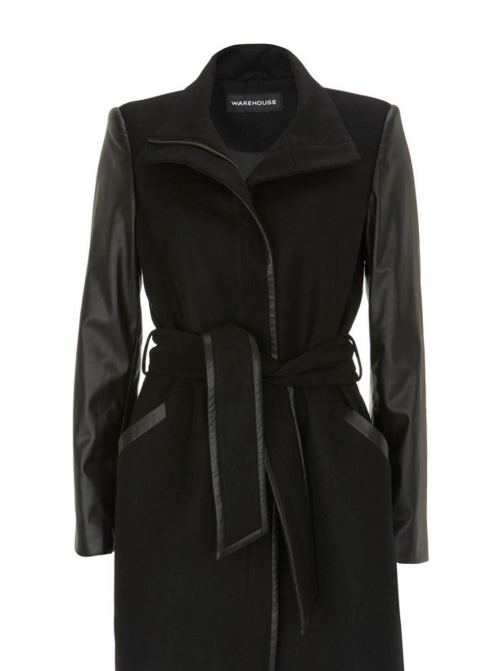 <p> </p><p> </p><p>Take your cue from Celines minimalism this winter with this coat from Warehouse. With leather sleeves and an understated androgynous cut, its simplicity at its best. <a href="http://www.warehouse.co.uk/leatherette-sleeve-coat/Coats-&a