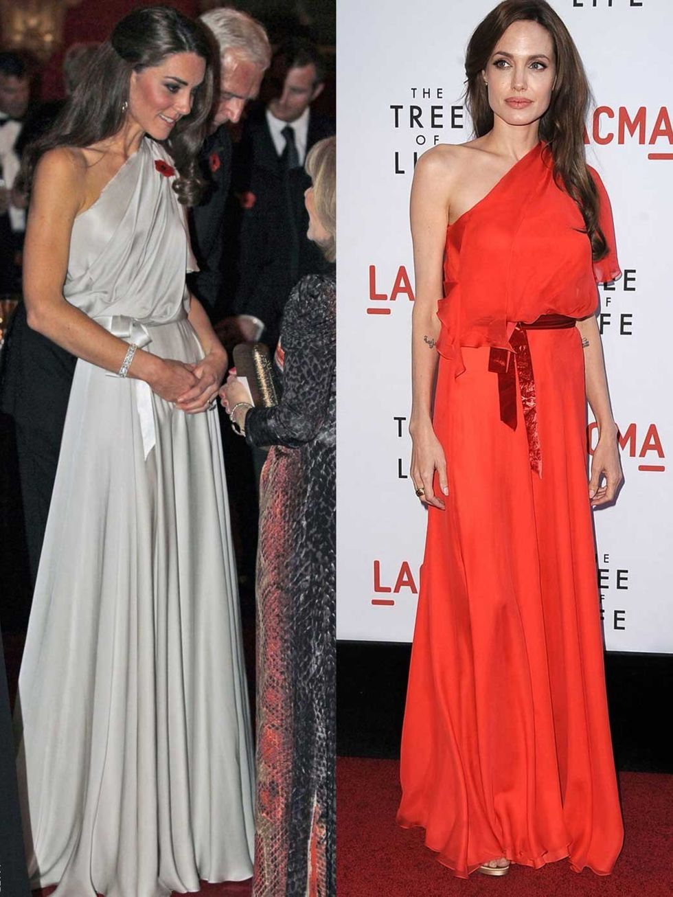 <p>The Duchess of Cambridge and Angelina Jolie in similar Jenny Packham gowns.</p>
