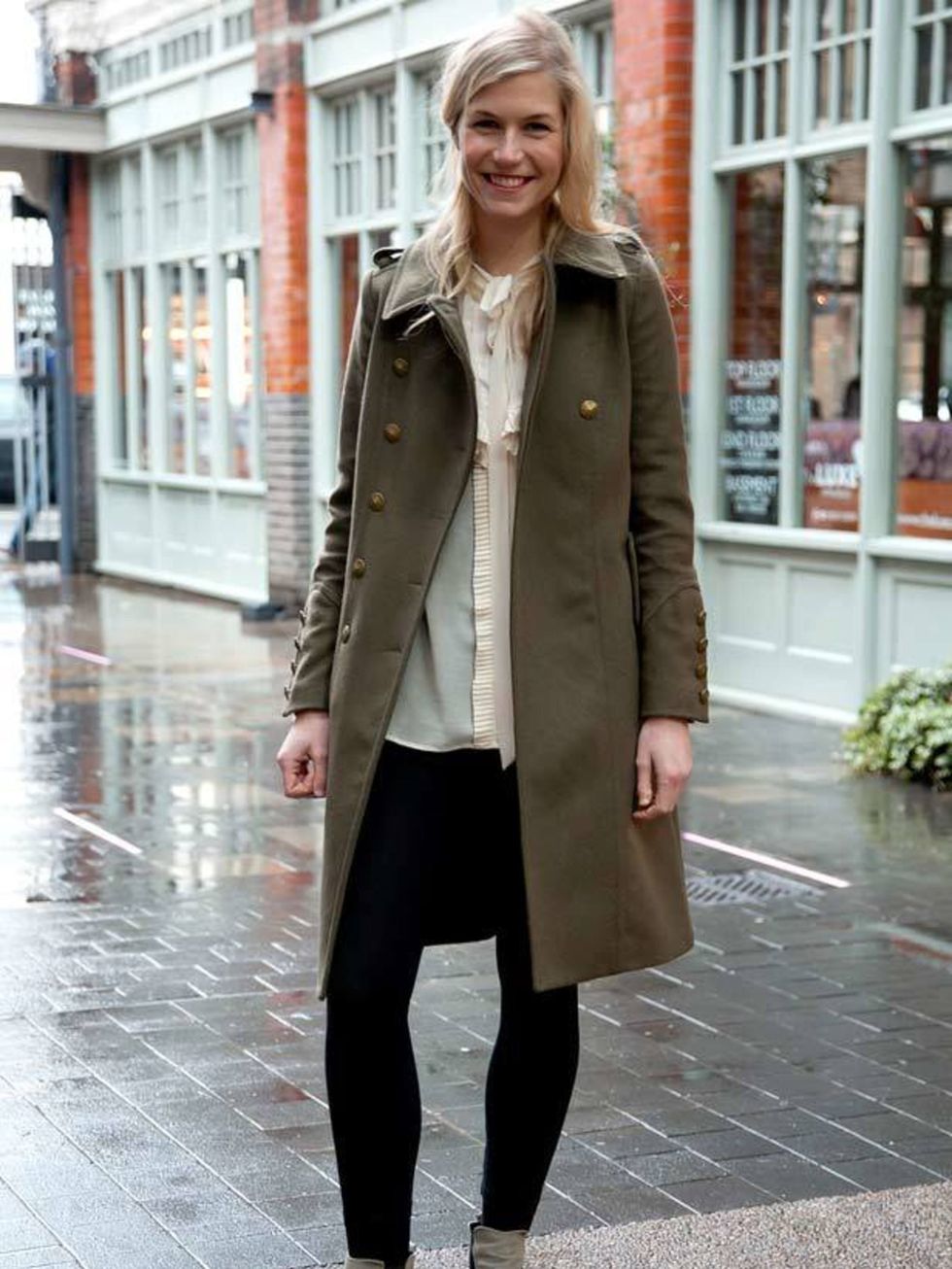 <p>Photo by Kirstin Sinclair @ Anthea Simms.Emma, 26, Advertising Planner. Whistles coat, H&amp;M blouse, Office boots.</p>