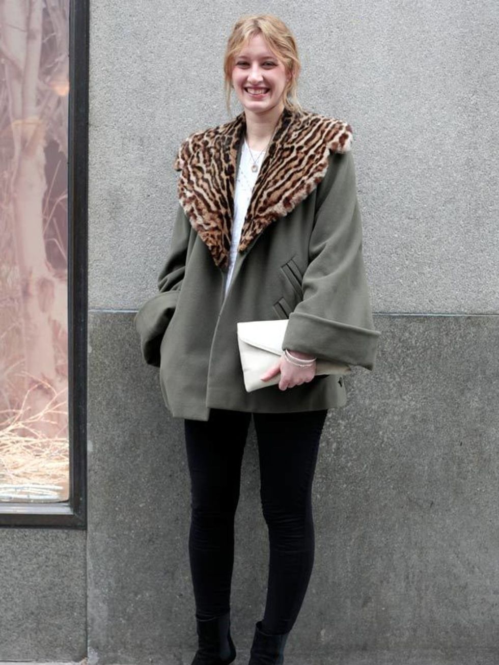 <p>Photo by Silvia Olsen.Rosalind, 22, intern. Vintage coat, Primark leggings, LF Soho boots. </p>