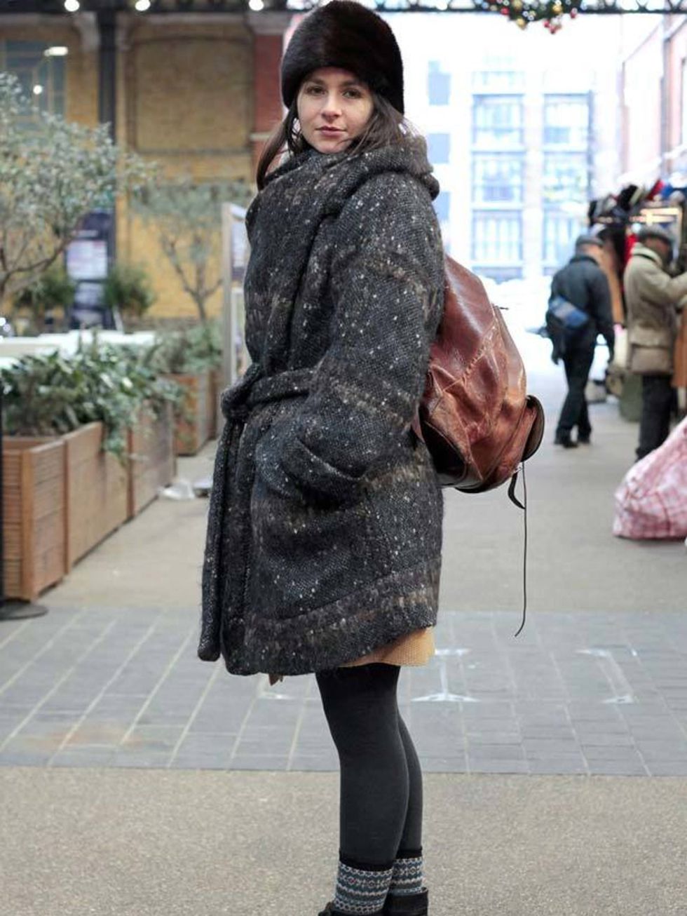 <p>Photo by Silvia Olsen.Titania, 29, Actress. Vintage hat, Vivienne Westwood coat, Tabio socks, ebay bag, Office boots. </p>