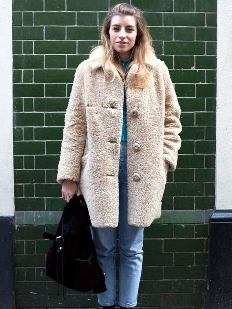 <p>Photo by Kirstin Sinclair.Gemma Tibbles, 27, Junior Fashion Editor. Vintage coat, Wrangler jeans, New Look bag, Birkenstock shoes.</p>