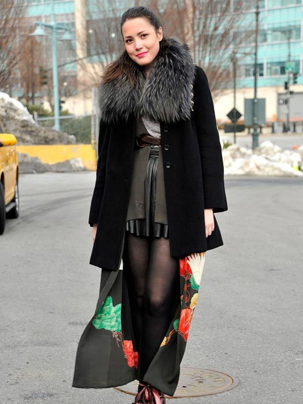 <p>Photo by Kirstin Sinclair @ Anthea Simms.Lizza, Stylist. Armani coat, American Apparel top, Alexander Wang skirt, vintage dress &amp; belt, Celine shoes. </p>