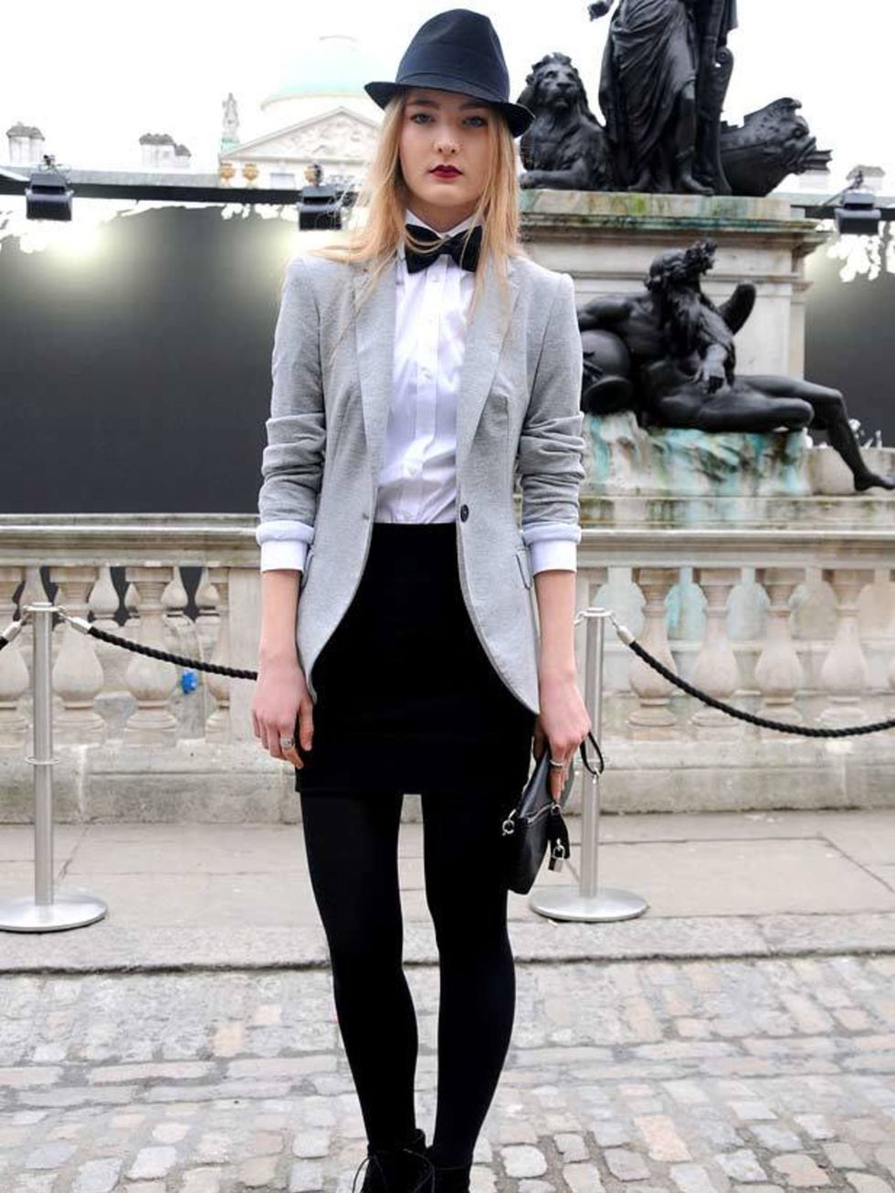 <p>Photo by Ekua King @ Anthea Simms.Tatianna, 18, Student. Zara jacket, Topshop shirt, skirt and shoes, Reiss hat, D&amp;G bag</p>