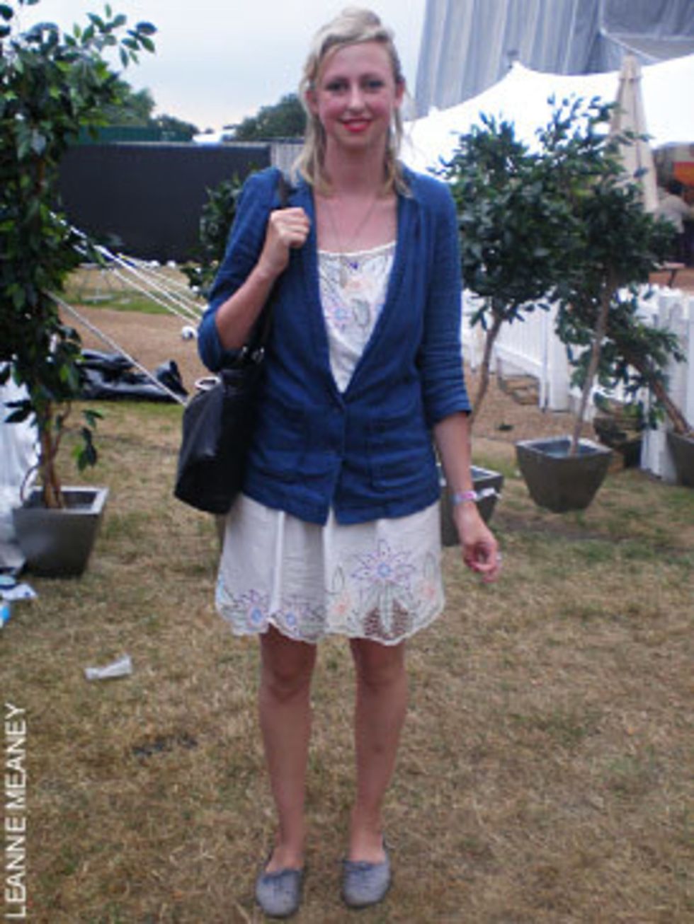 <p>Alice Dunseath, 24, film maker, wearing shoes, dress and jacket all Topshop, and a vintage handbag</p>