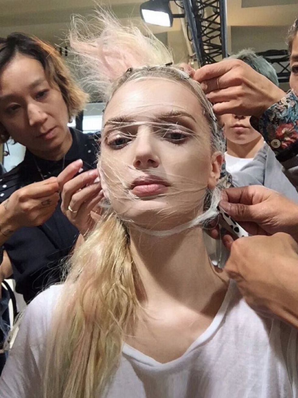 Lily Donaldson 'Getting ready this morning for the beautiful Haider Ackermann show. I count six (in use)'