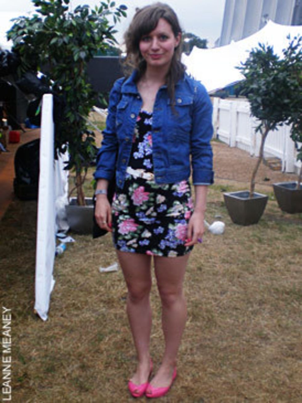<p>Lucy Sanderson, 23, working in marketing for Diesel and Diesel Music wearing a Diesel denim jacket, Topshop dress and belt and a pair of Melissa shoes</p>