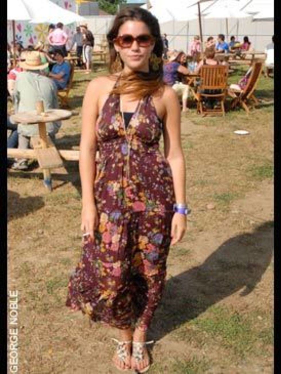 <p>Sophia, 22, Events Director, wearing a dress from a market in Italy and Olivia Goldsmith sunglasses</p>