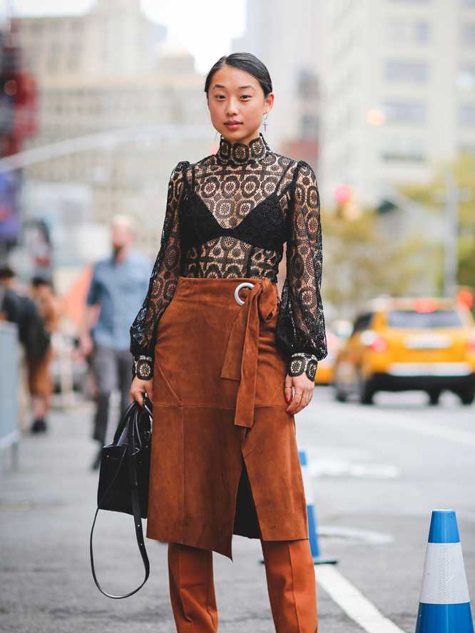 <p>Margaret Zhang mixes her textures on the streets of New York this fashion week with this Tibi FW15 suede wrap skirt and lace top Take inspiration from her style and get shopping for a textural AW15 wardrobe! </p>