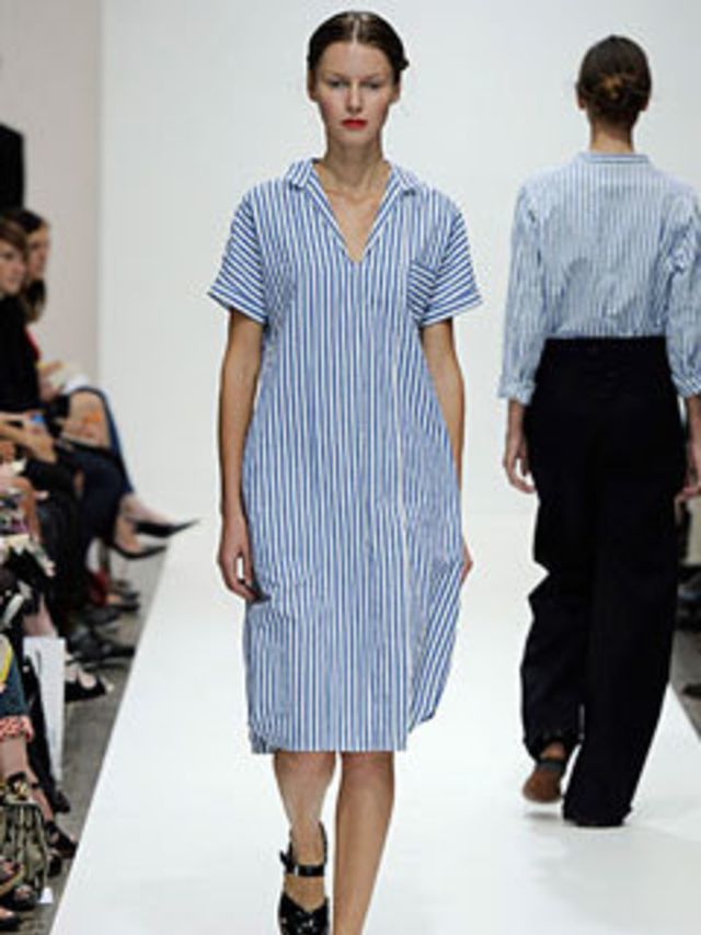<p>A soundtrack of the Beach Boys and Joni Mitchell may have injected some much needed West Coast sunshine into a chilly Sunday morning at Margaret Howell, but the vibe of the collection was more Cornwall than California.</p><p>Blue and white sriped cotto
