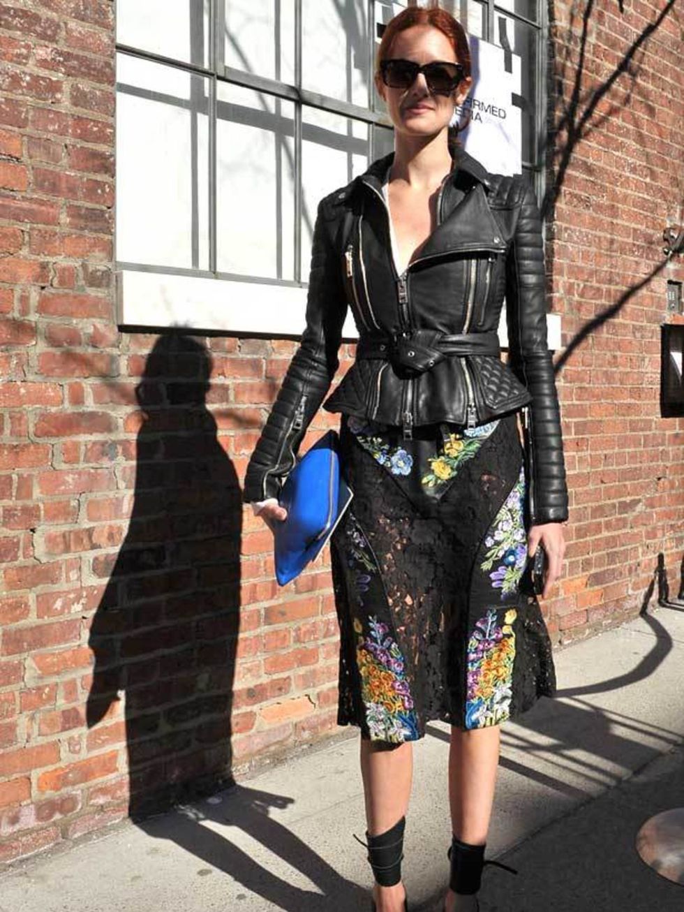 <p>Photo by Imaxtree. Taylor Tomasi Hill, Marie Claire Style and Accessories Director. <a href="http://www.elleuk.com/catwalk/collections/burberry-prorsum/">Burberry</a> biker jacket, <a href="http://www.elleuk.com/catwalk/collections/christopher-kane/">C