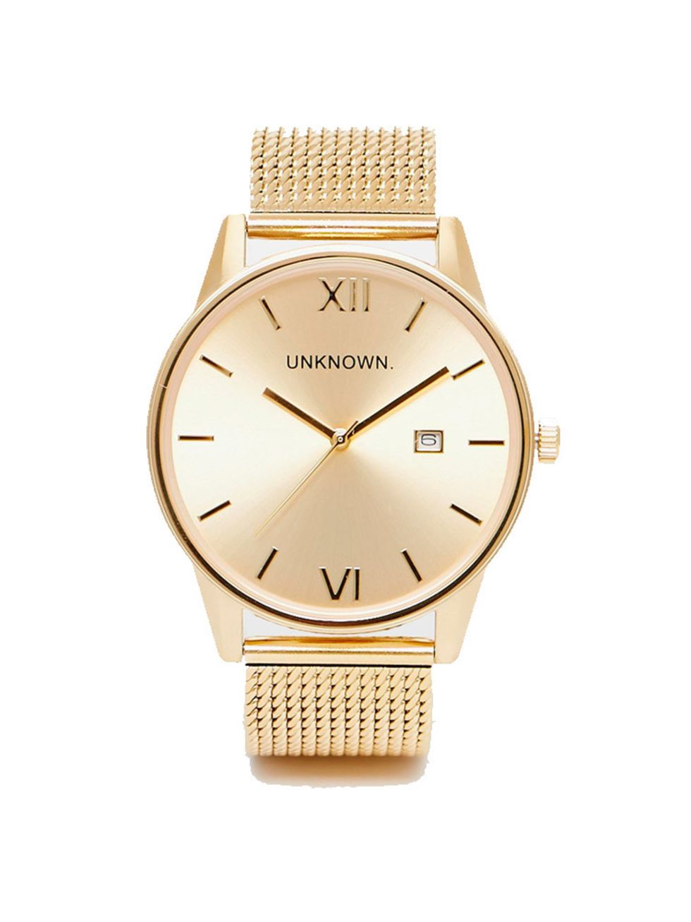 <p>UNKNOWN watch, £115 at <a href="http://www.asos.com/unknown/unknown-dandy-mesh-strap-watch/prod/pgeproduct.aspx?iid=5451941&clr=Gold&SearchQuery=gold+watch&pgesize=36&pge=0&totalstyles=154&gridsize=3&gridrow=3&gridcolumn=3" target="_blank">asos.com</a>