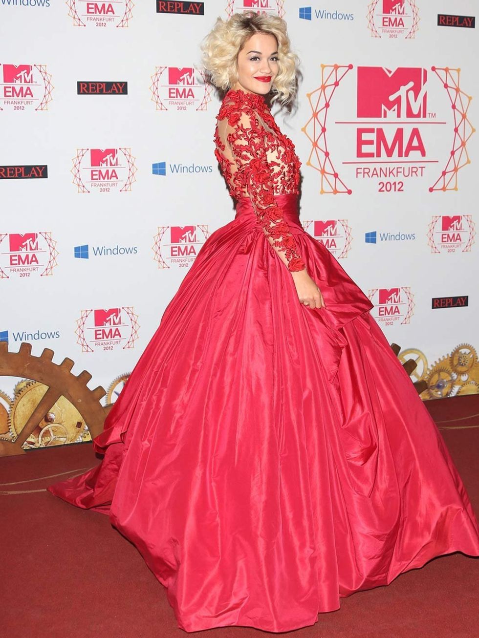 <p>Rita Ora in a blood-red Marchesa gown from the autumn winter 2012 collection</p>