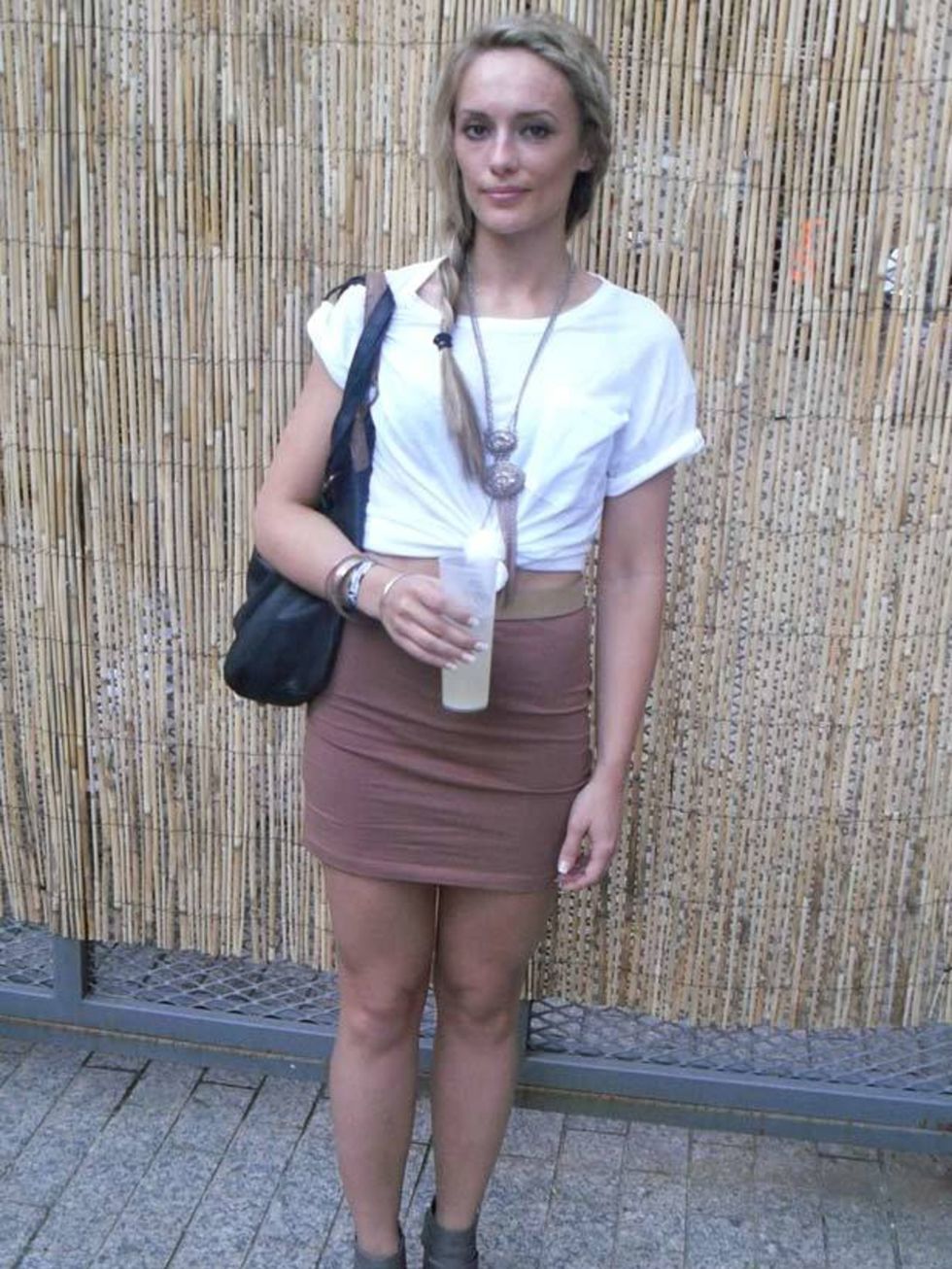 <p>Mary-Julie, 23, Marketing Assistant. Topshop t-shirt, H&amp;M skirt, New Look shoes and necklace, Primark bag.</p>