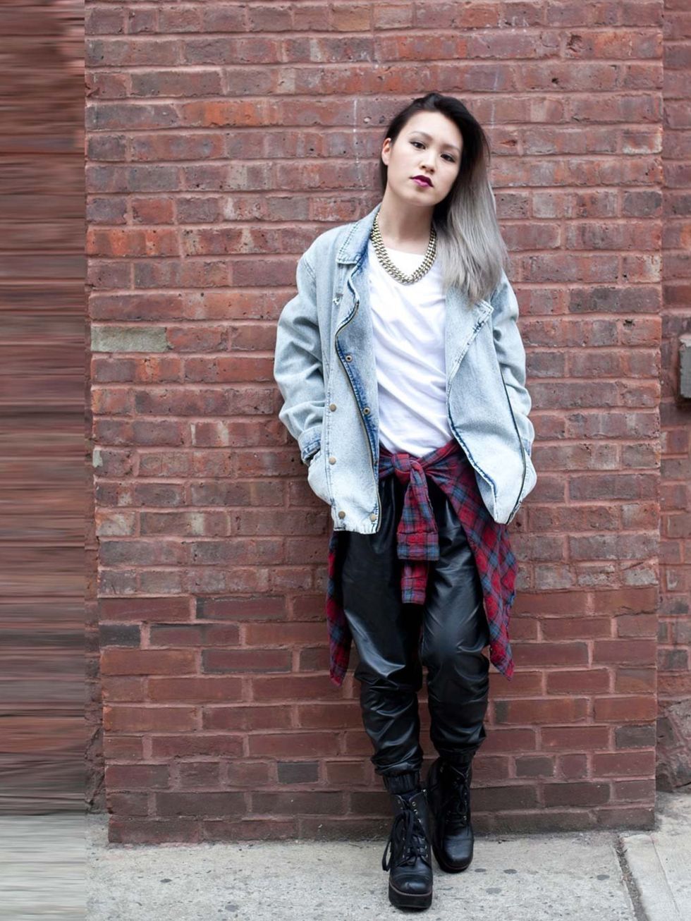 <p>Annie wearing a <a href="http://www.forever21.com/UK/Product/Main.aspx?br=f21">Forever 21</a> jacket and tartan shirt with an <a href="http://www.asos.com/Women/">Asos</a> top, <a href="http://www.urbanoutfitters.co.uk/">Urban Outfitters</a> trousers, 