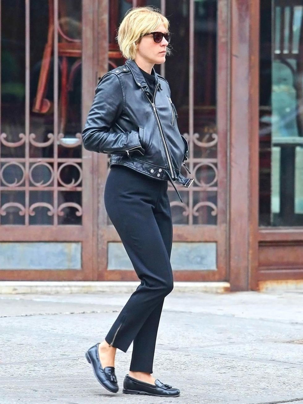 <p><a href="http://www.elleuk.com/star-style/celebrity-style-files/chloe-sevigny">Chloe Sevigny</a> teaming her biker jacket with androgynous mix of loafers and tailored trousers</p>