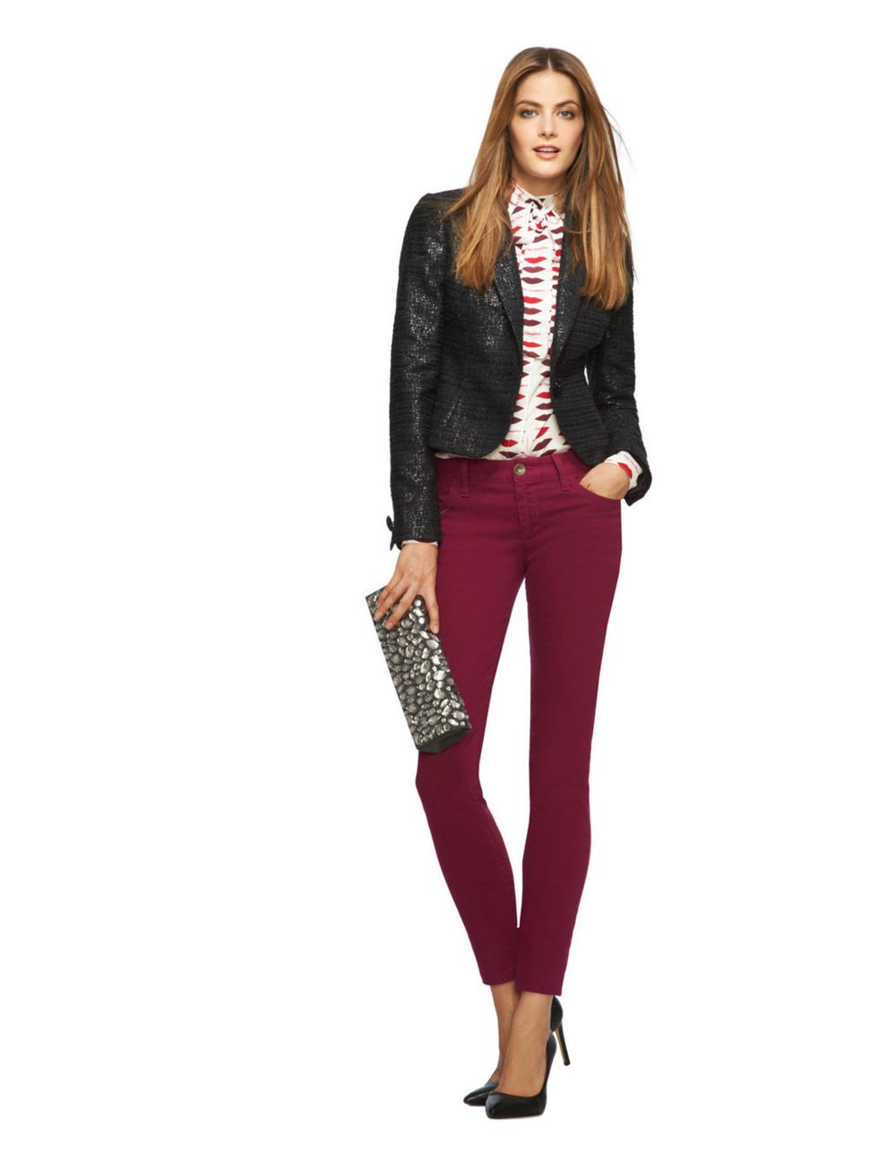 <p>Shades of red lip-print pussy-bow blouse, black crackle tweed jacket, burgundy skinny jean, smoke crackle gemmed clutch.</p>