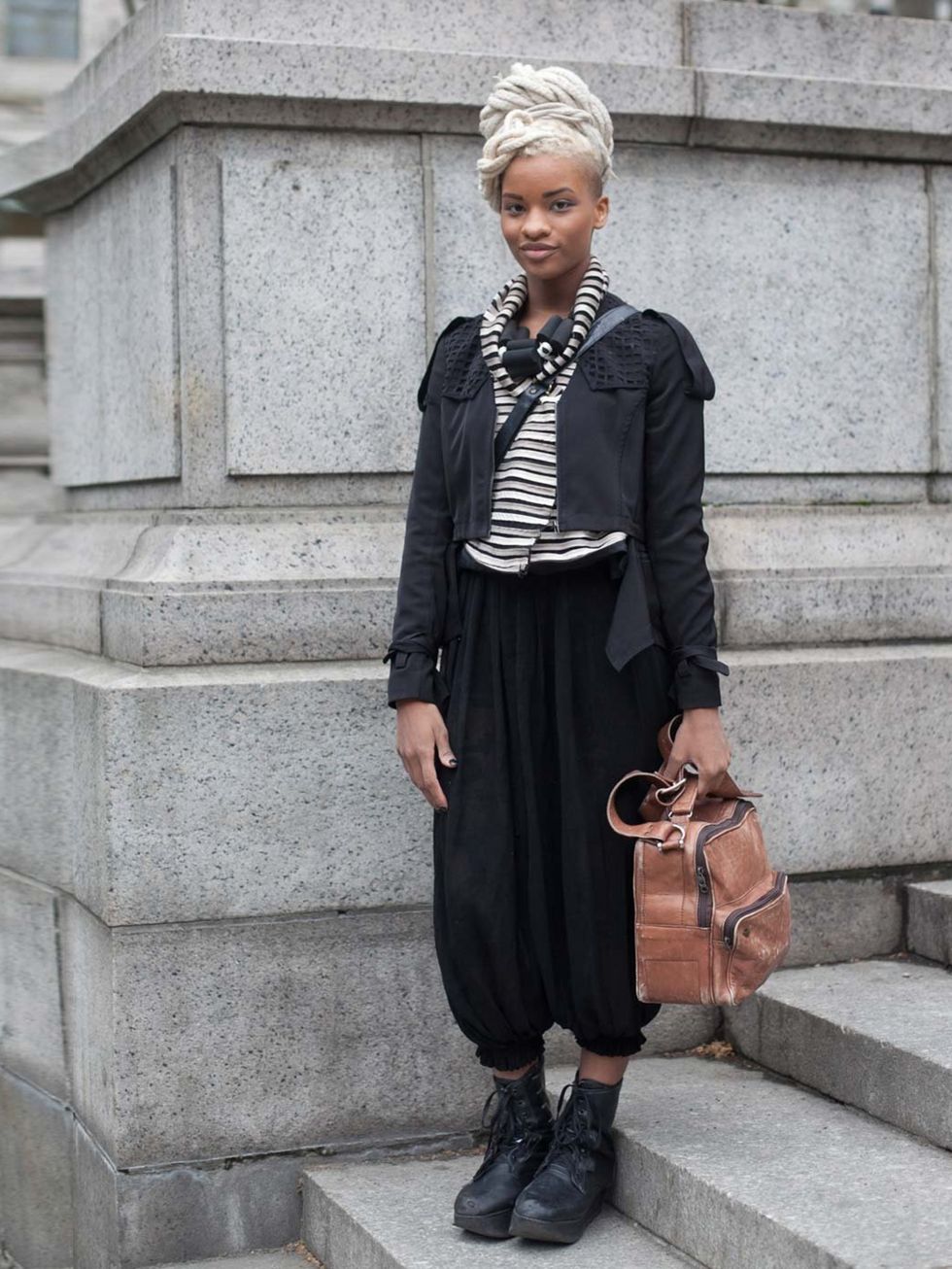 <p>Allison wears Funktional jacket, Thrifted pants and stripe jacket, Y.R.U shoes and a necklace from her own label, Petrichor Designs.</p><p><a href="http://www.elleuk.com/style/street-style/new-york-fashion-week-autumn-winter-13">New York Fashion Week s