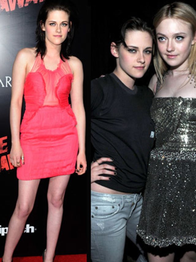 <p>Dressed up in the prerequisite premiere cocktail dresses - coral for Kristen, metallic for Dakota - they were joined by fellow New Moon actor Taylor Lautner.</p><p>A girl after our own heart and in keeping with her new role as punk rocker Jett, Kristen