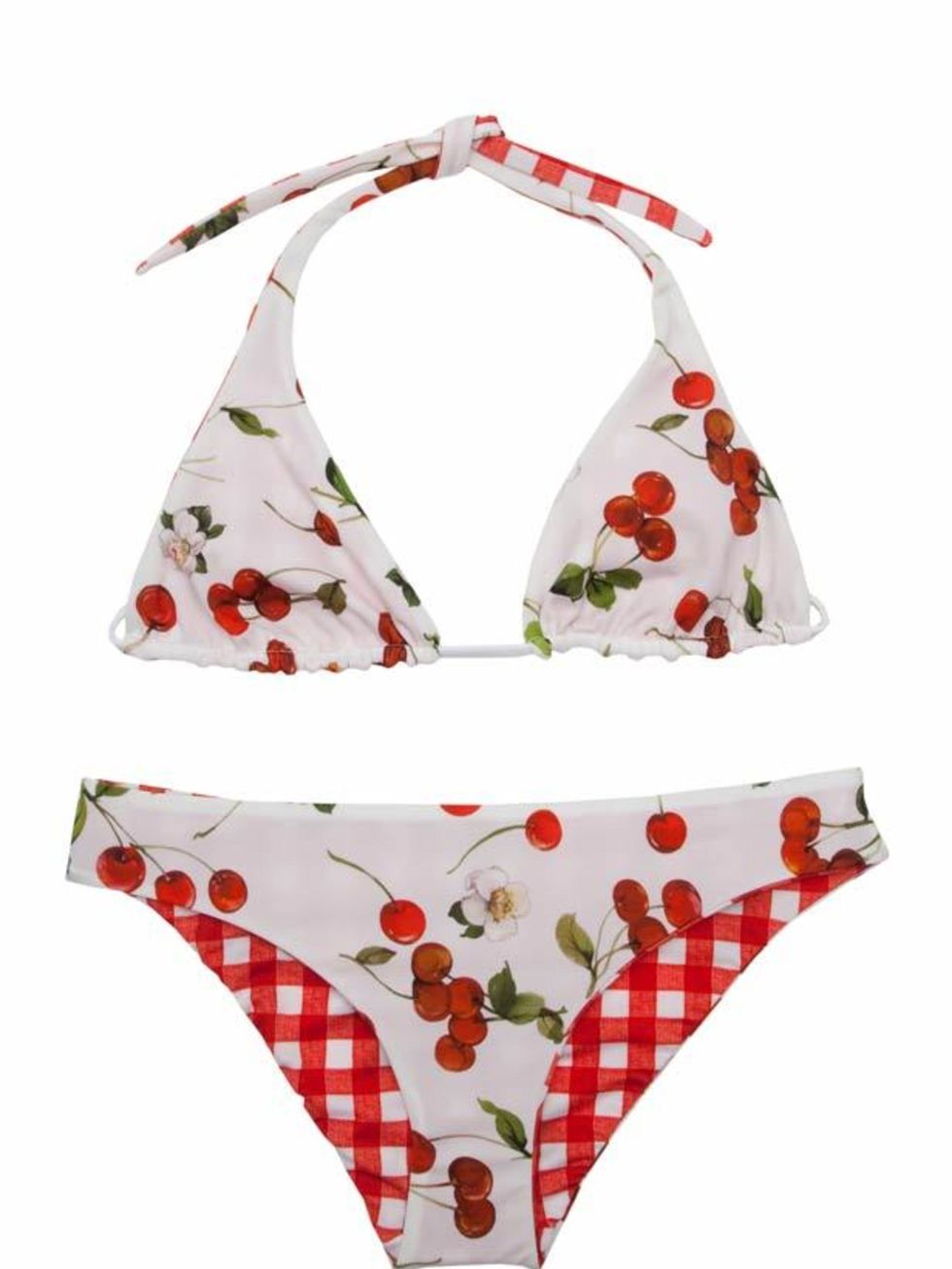<p>D&amp;G cherry print bikini, £185, at <a href="http://www.harveynichols.com/womens/categories-1/beachwear-swimwear/bikinis/s354419-reversible-halterneck-bikini.html?colour=WHITE+AND+RED">Harvey Nichols</a></p>