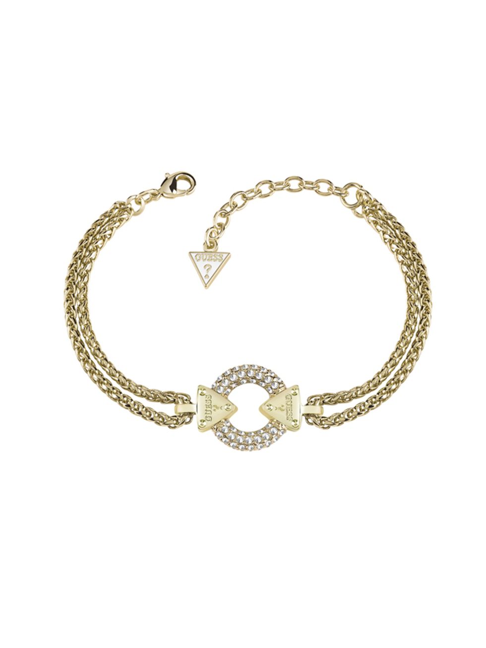 <p><a href="http://www.hsamuel.co.uk/webstore/d/3765342/guess+yellow+gold+plated+chain+circle+lock+bracelet/" target="_blank">Embrace Me</a> Gold Plated Bracelet, £95</p>