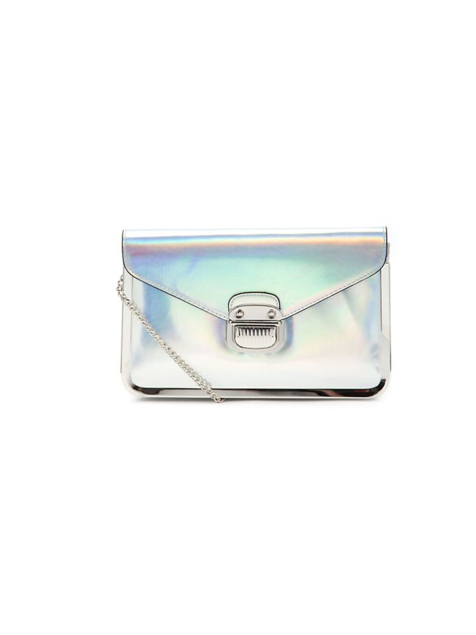 <p><a href="http://www.newlook.com/shop/womens/bags-and-purses/silver-holographic-sally-chain-box-bag-_263841192">New Look</a> silver holographic box bag, £19.99</p>