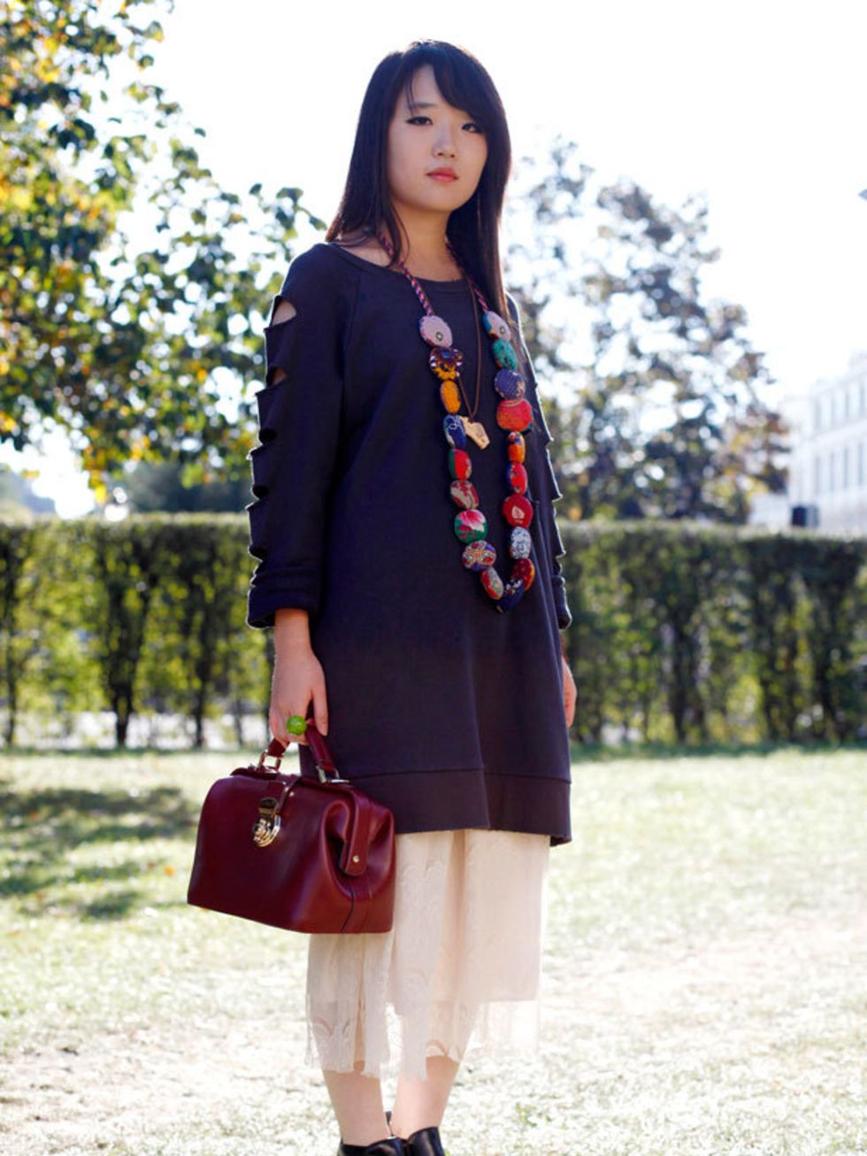 <p>Photo by Silvia Olsen @ Anthea SimmsCornelia Duan, 21, Fashion Designer. Dress from Korea, bag and shirt from Tokyo, Office boots, necklace from Brick Lane.</p>