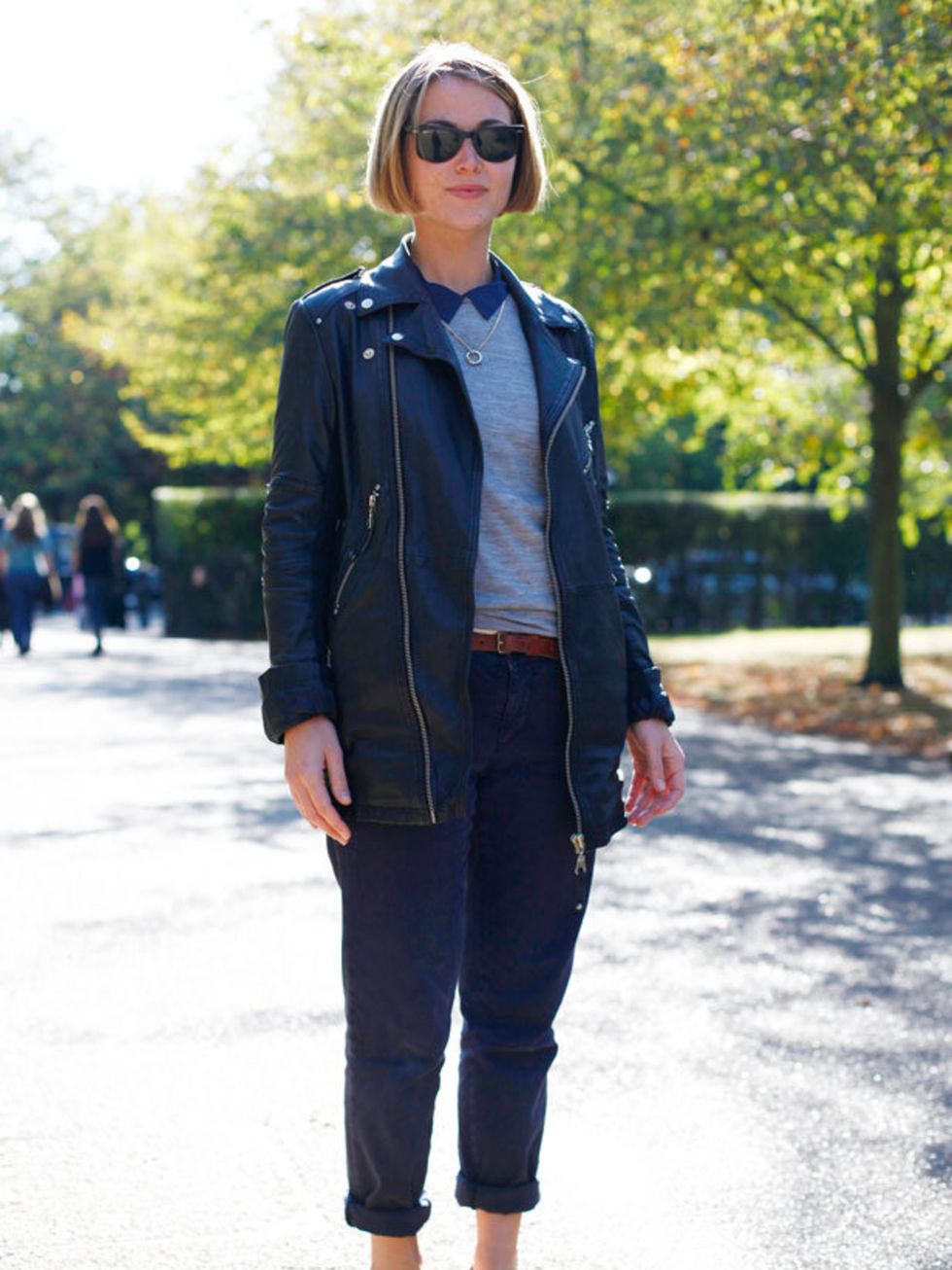 <p>Photo by Silvia Olsen @ Anthea SimmsNicky Smith, 27, Writer, Whistles jacket, Uniqlo jumper, Needle &amp; Pin shirt, Carhart trousers, Russell &amp; Bromley brogues, Alex Monroe necklace, Ray Ban sunglasses.</p>
