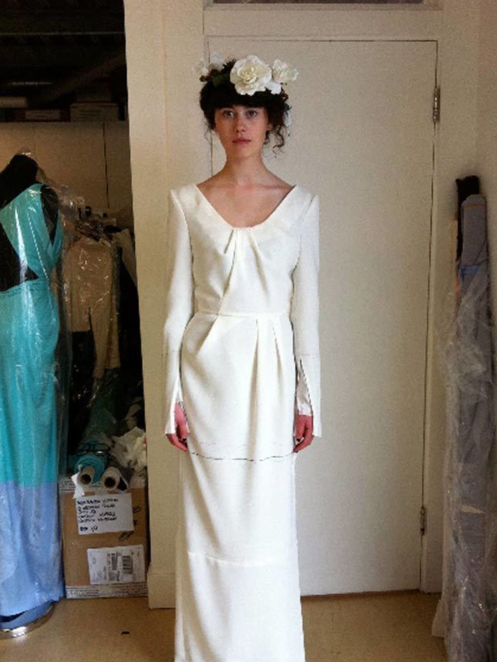 <p>Studio Prep: From <a href="http://www.elleuk.com/news/fashion-news/london-latest-roksanda-illincic/(gid)/806303">Roksanda Ilincic</a>. Our adorable intern Holly looking stunning in a toile fitting. Her look today has us dreaming of midsummer weddings.