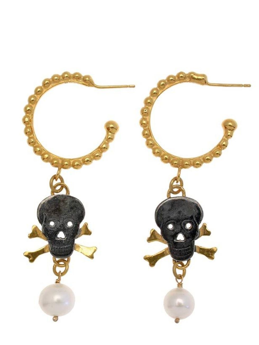 <p><a href="http://www.damsonjewellery.co.uk/designers/ana-verdun/skull-and-crossbone-pearl-hoops.html">Damson</a> skull and crossbone earrings, £185</p>