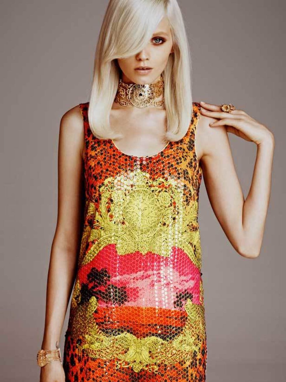 <p>Abbey Lee Kershaw models in the <a href="http://www.elleuk.com/catwalk/collections/versace/">Versace</a> for <a href="http://www.elleuk.com/content/search?SearchText=h%26m&amp;SearchButton=Search">H&amp;M</a> campaign</p>