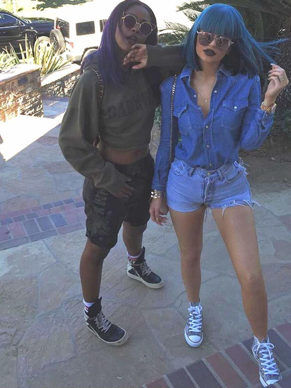Blue hair don't care. Kylie Jenner in double denim, August 2015.