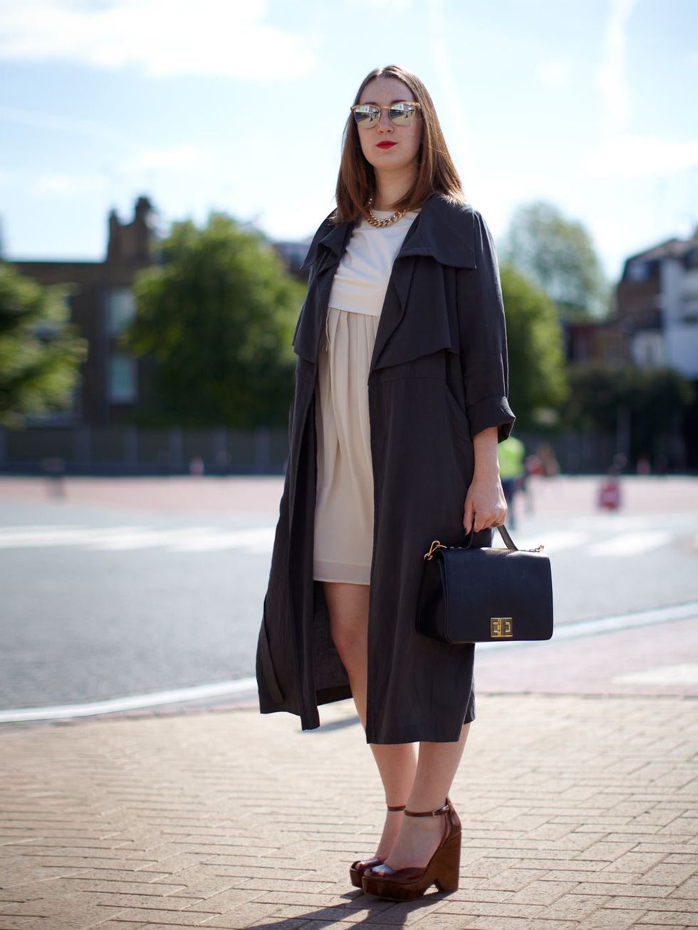 <p>Melissa McKenna wears Mini Market bag and coat, Yvonne Laufer dress, Zara shoes and Urban Outfitters sunglasses</p>