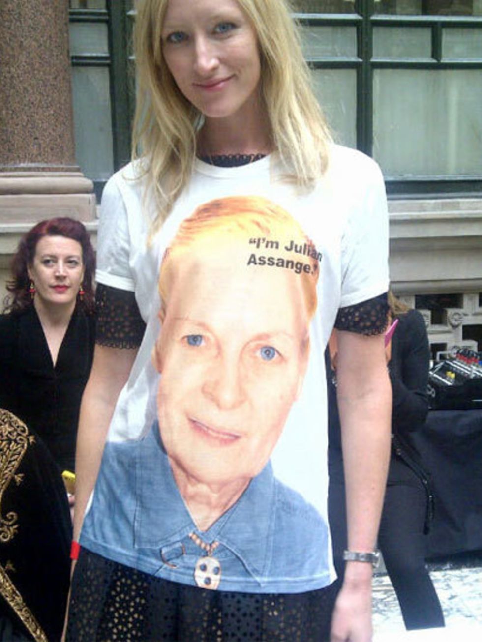 <p>Jade Parfitt wearing her Vivienne Westwood-designed pro-Julian Assange T-shirt at London Fashion Week</p>