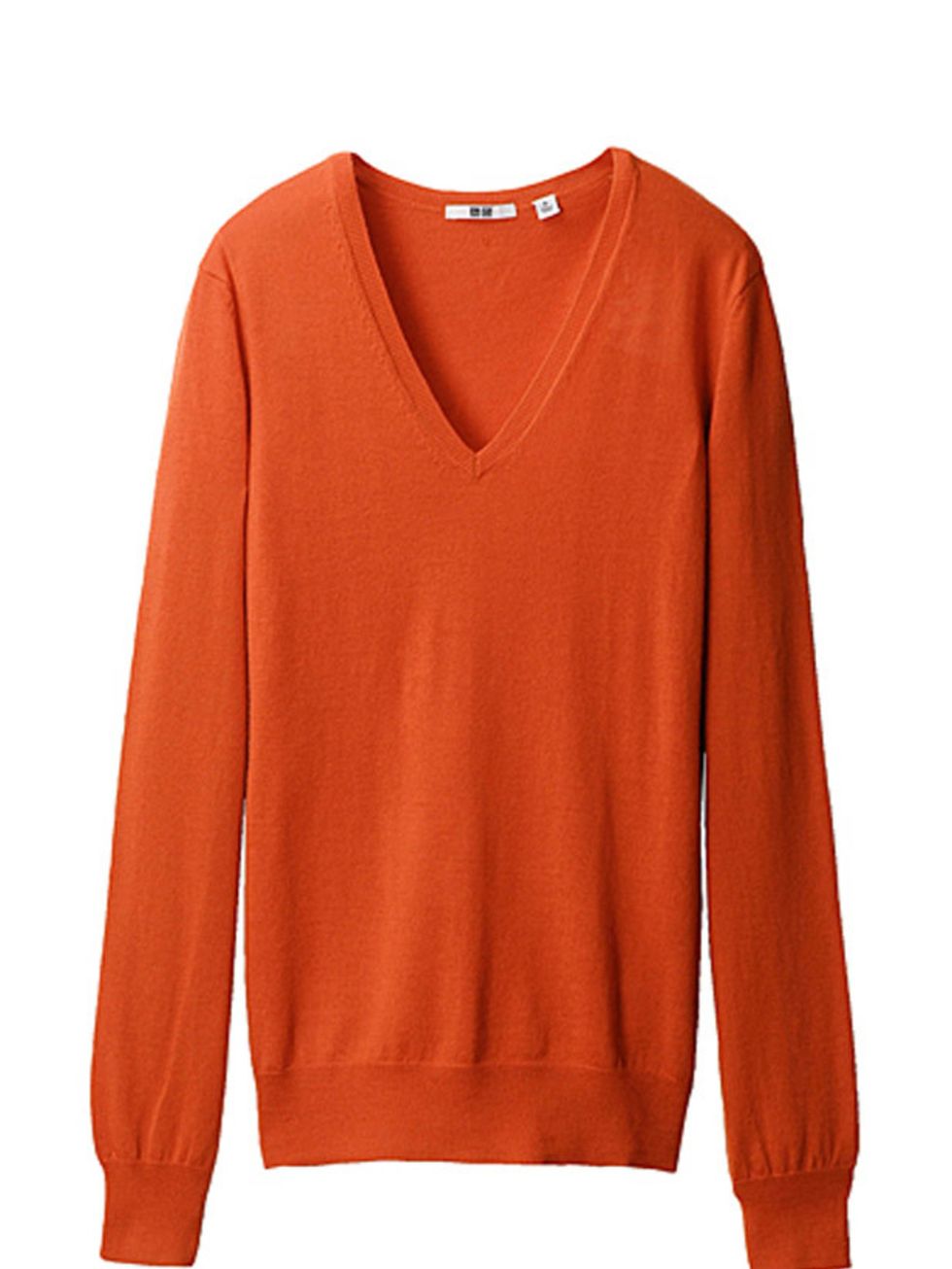 <p><a href="http://shop.uniqlo.com/uk/list/basic/women/knitwear/extrafinemerino">Uniqlo</a> orange V neck sweater, £24.90</p>