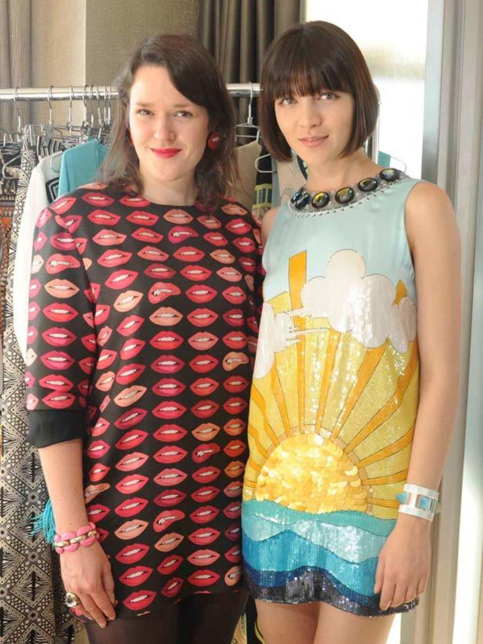 <p><a href="http://www.elleuk.com/catwalk/collections/holly-fulton/">Holly Fulton </a>and a model wearing a dress from Fulton's S/S '12 collection at the London Show Rooms New York.</p>