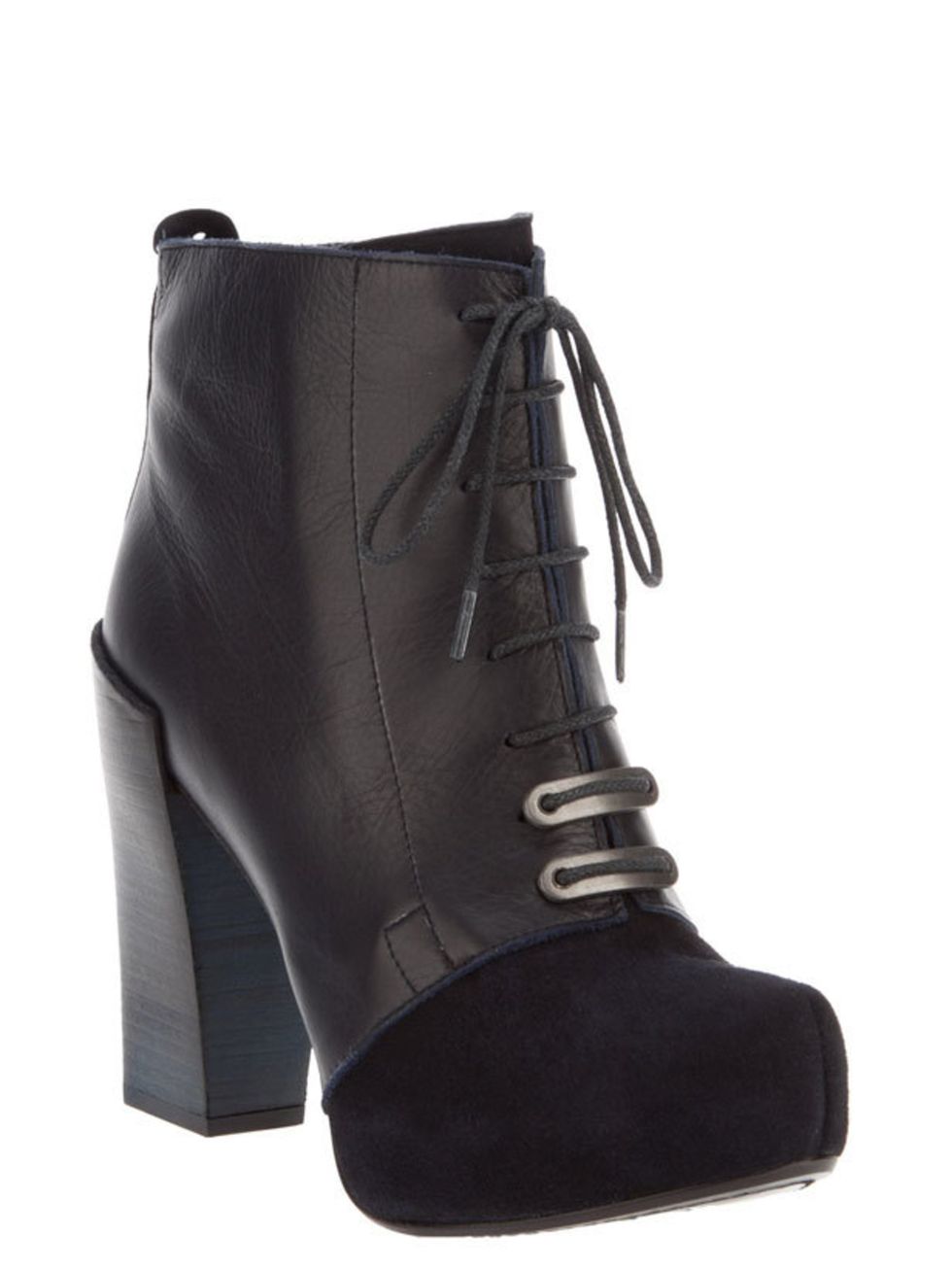 <p>Black workmen boots were seen on the Chanel catwalk and now theyve been reinterpreted and given a stonking great heel by Won Hundred Won Hundred blue leather ankle boots, £225, at <a href="http://www.no-one.co.uk/item10134157.aspx">No-One</a></p>
