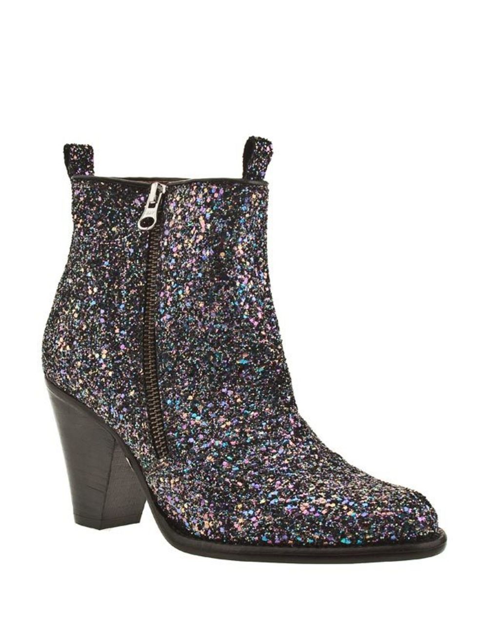 <p>Perfect for adding edge to a simple dress, the trusty ankle boot has been given a sparkly Miu Miu-inspired makeover. Magpies: head to Schuh <a href="http://www.schuh.co.uk/womens-black-and-purple-schuh-hamp-zip-ank-glitter/1431308960">Schuh</a> glitte