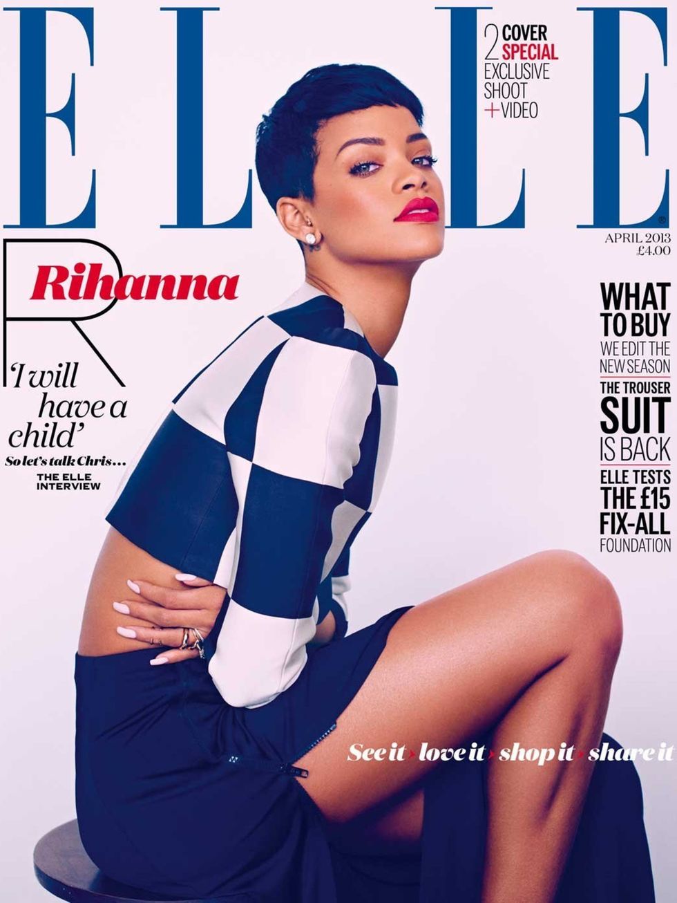 <p>ELLE's April 2013 issue, featuring two Rihanna covers</p>