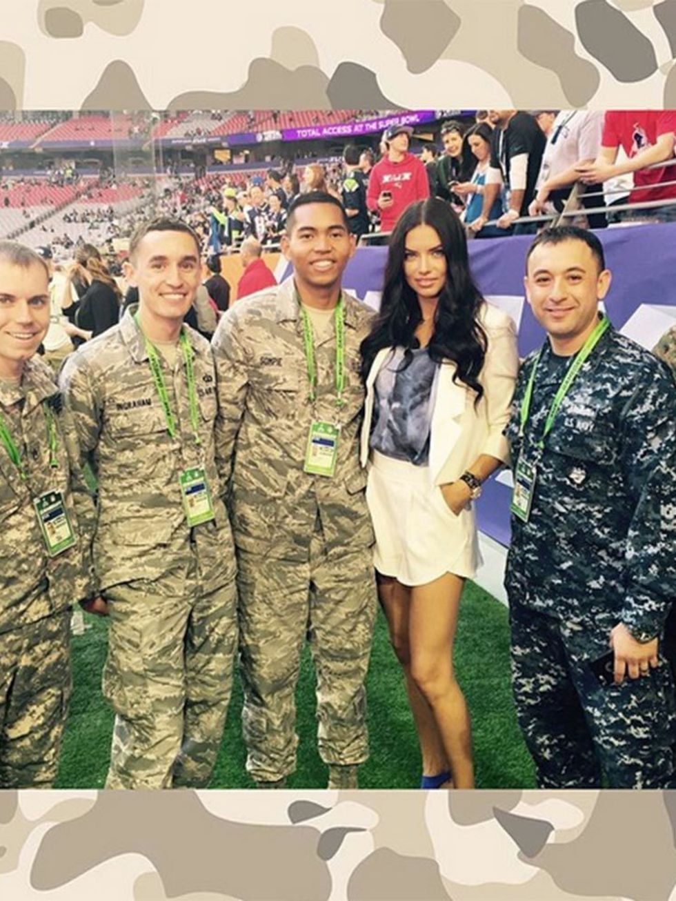<p>Adriana Lima (@adrianalima)</p>

<p>'With the flag bearers of #superbowl good luck to both teams tonight...'</p>