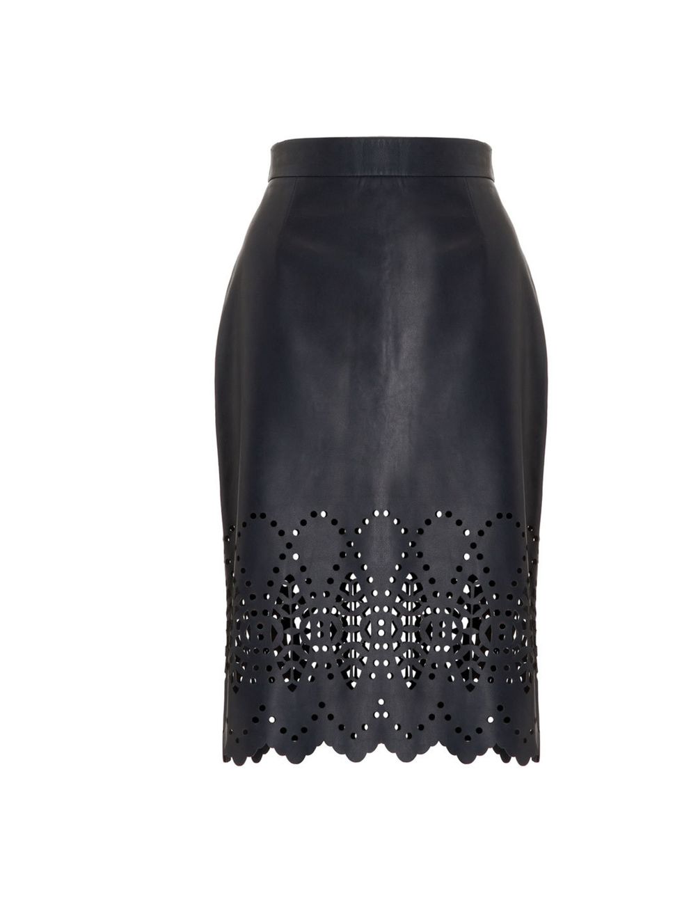 <p>This week Whistles launch their new leather collection. While we adore their scallop edge T-shirt and matching skirt, this impactful laser cut skirt is our stand-out favourite Whistles navy leather skirt, £250, for stockists call 0845 899 1222</p>