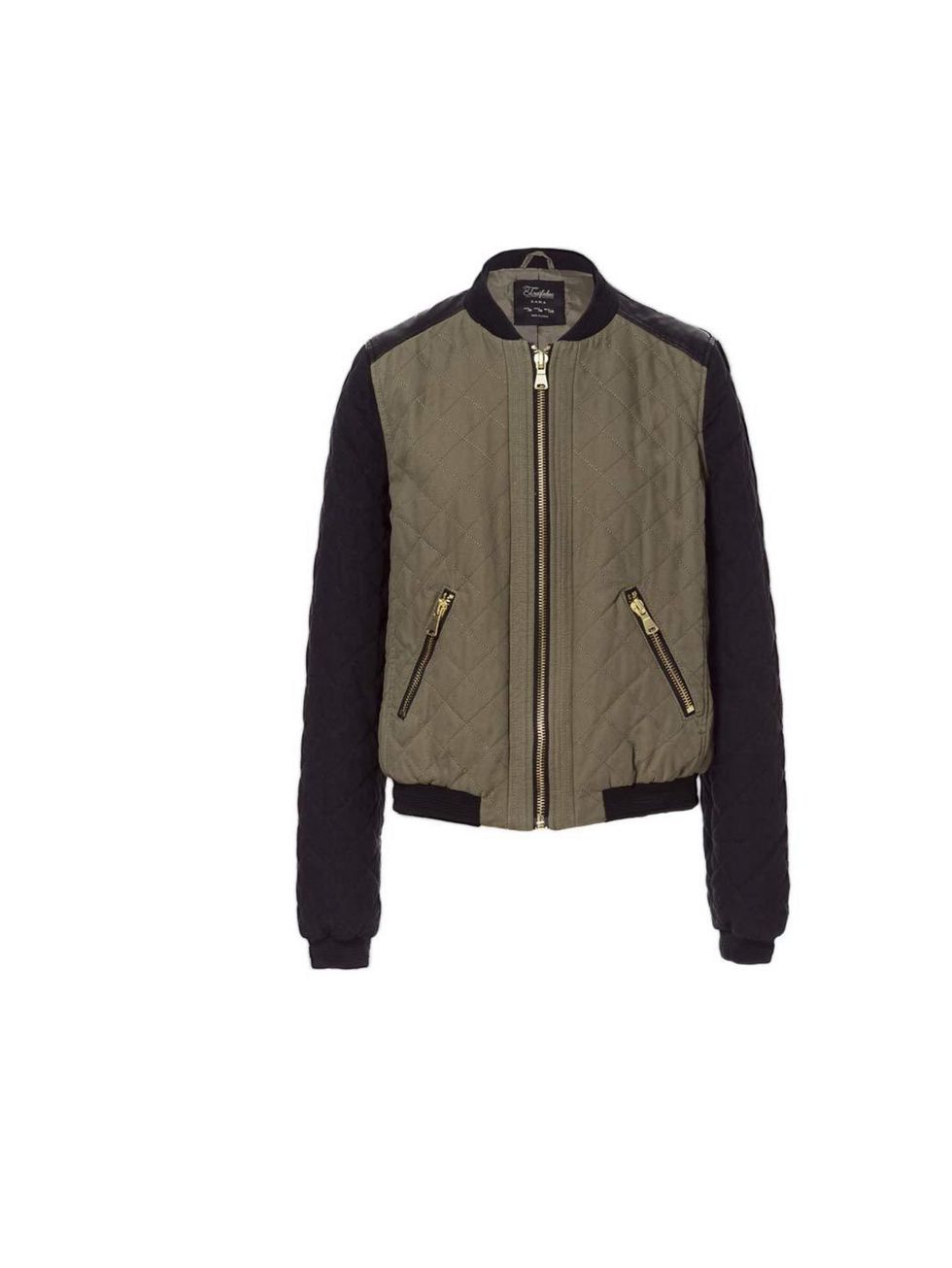 <p>Team the look with a leather and khaki bomber jacket like this from <a href="http://www.zara.com/uk/en/trf/blazers/quilted-bowling-jacket-c436585p1047782.html">Zara</a>, £39.99</p>